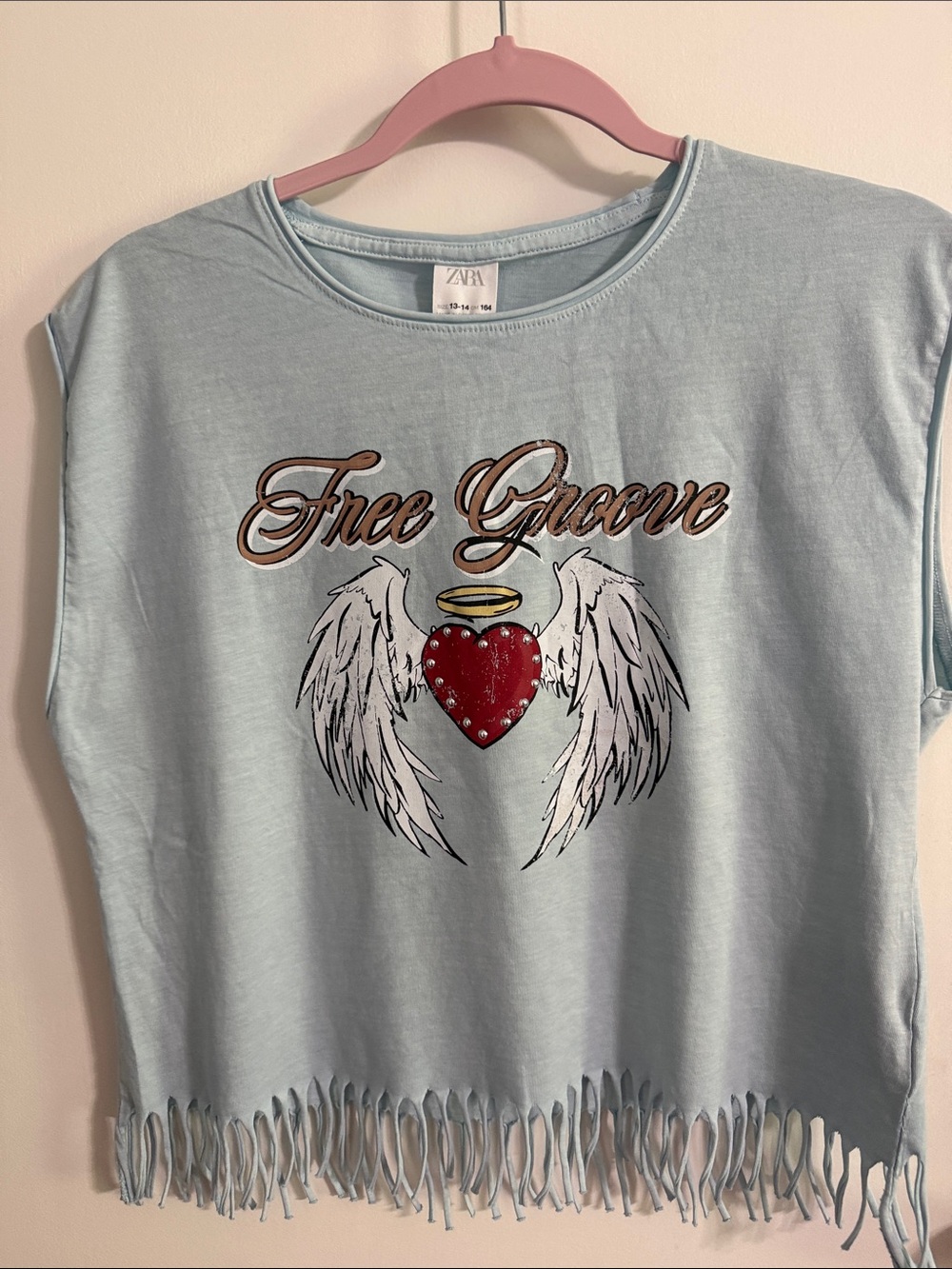 Zara Light Blue Graphic Heart & Wings Fringe Tee